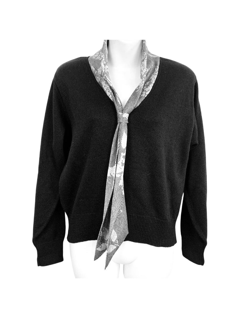 Serbin Vintage Black Knit Long Sleeve Sweater USA Made Silver Scarf Attached  8